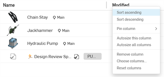 List view table header context menu