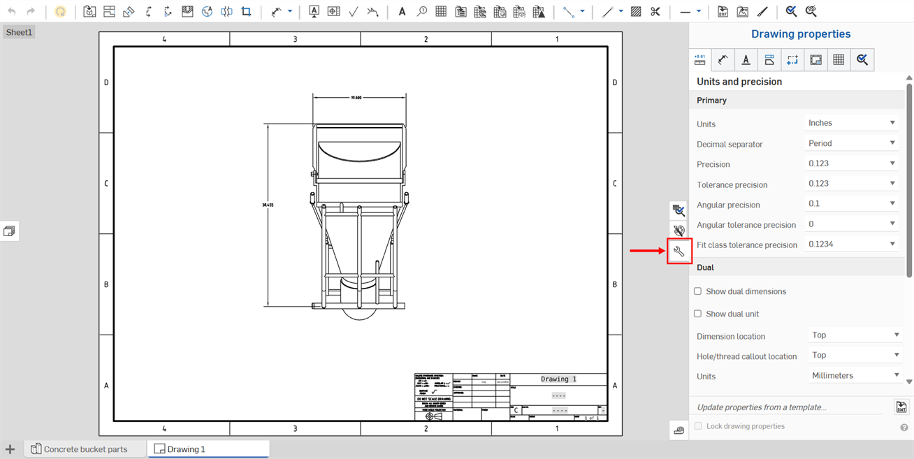 Esempio di posizione dell'icona del pannello Proprietà disegno in un disegno