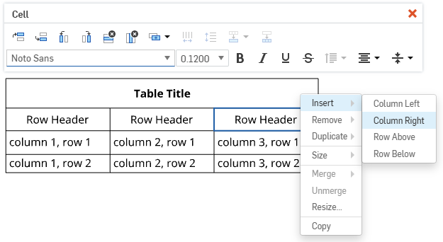 Pannello di formattazione delle celle e menu contestuale cella