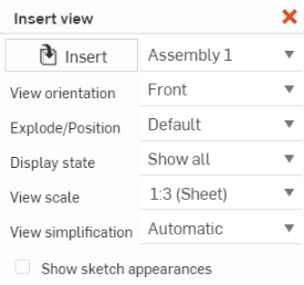 Schermata finestra di dialogo Inserisci vista con un assieme selezionato