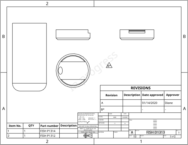 Esempio di utilizzo del campo Multifoglio; primo foglio del disegno, con la tabella di revisione