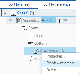 Clic con il pulsante destro del mouse sulla vista ausiliaria e selezione di Blocca riferimento visualizzazione dal menu contestuale