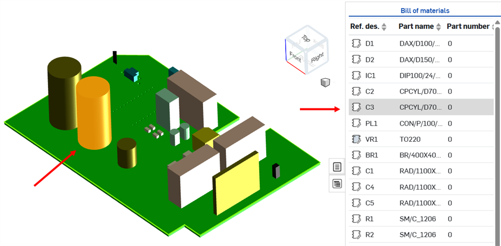 Selezione di un componente nell'area grafica per evidenziarlo nel pannello BOM