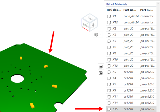 Selezione di un componente nell'area grafica per evidenziarlo nel pannello BOM