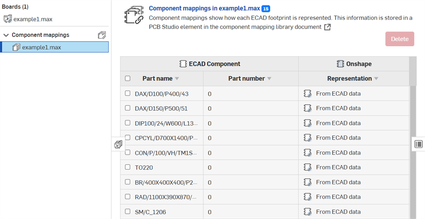 Esempio che mostra le impronte ECAD e i modelli Onshape