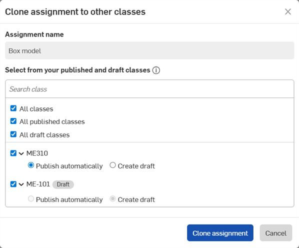 Clone assignment to other classes dialog