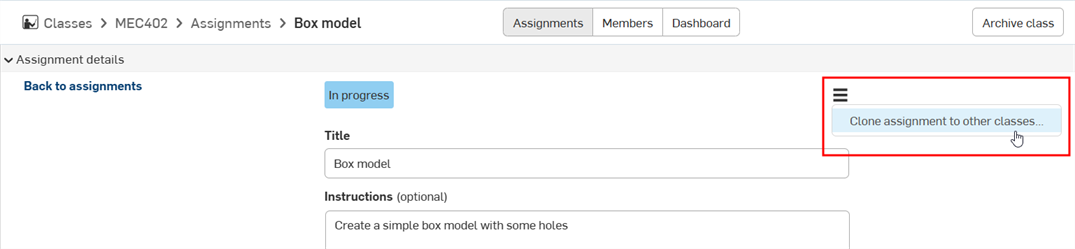 Clicking the menu icon from the Assignment details page