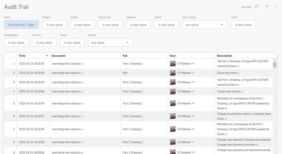 Schermata della pagina Audit trail