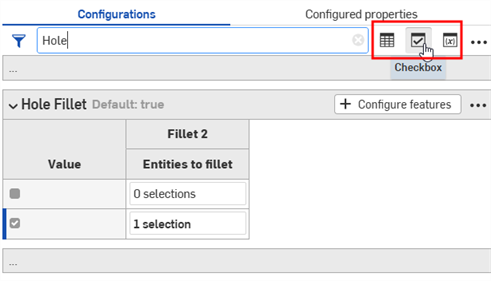 Configuration panel filtered to show only Checkbox input types