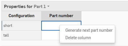 Esempio di clic con il pulsante destro del mouse nella colonna Numero parte per generare un numero parte