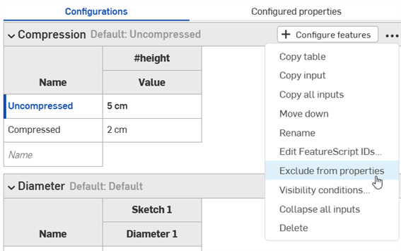 Fai clic sul menu overflow nel pannello Configurazione e seleziona Escludi dalle proprietà