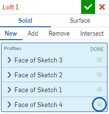 Finestra di dialogo Loft con cerchio blu attorno all'icona di riordino sul quarto profilo