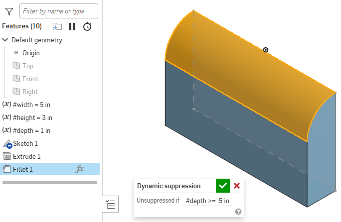Finestra di dialogo di Sospensione dinamica contenente l'espressione #depth >= 0,5 pollici