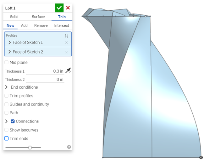 Esempio di Mostra curve ISO abilitato nella finestra di dialogo Loft