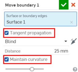 Finestra di dialogo Sposta bordo con le frecce che puntano alle funzioni Mantieni curvatura e Propagazione tangente