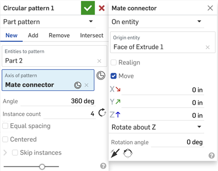 Finestra di dialogo Ripetizione circolare con mate connector come asse