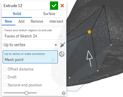 Esempio di riferimento a un punto mesh utilizzando l'opzione Fino al vertice della finestra di dialogo Estrusione