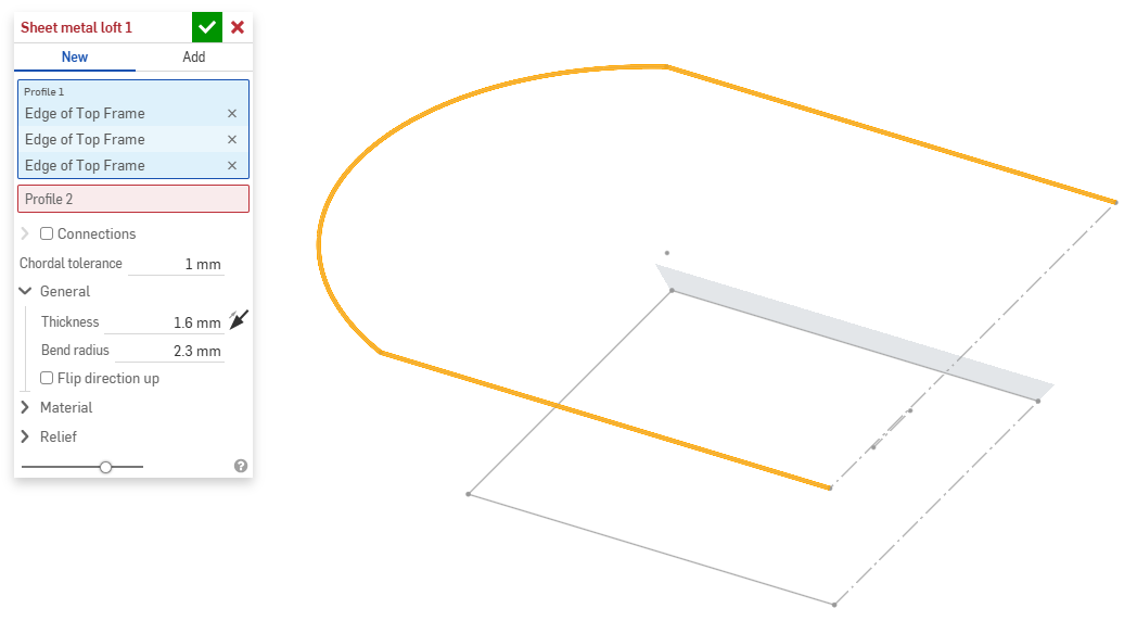 3 edges selected in the Profile 1 field in the Sheet metal loft dialog