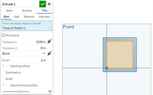 Finestra di dialogo Thin Extrude senza il piano Mid selezionato