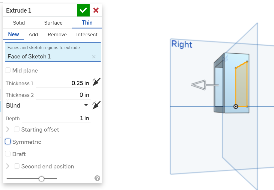 Finestra di dialogo Estrudi con Thin selezionato e Symmetric non selezionato