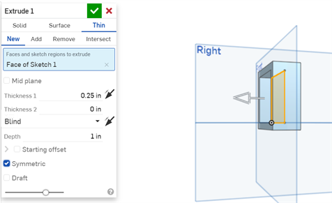 Finestra di dialogo Estrudi con Thin e Symmetric selezionati