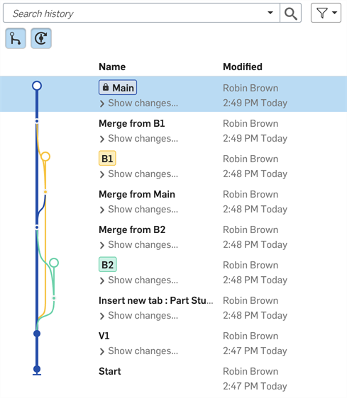 Version graph shows merged protected branches