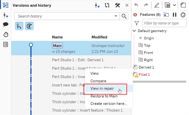 Selezione di Visualizza in riparazione nel menu contestuale
