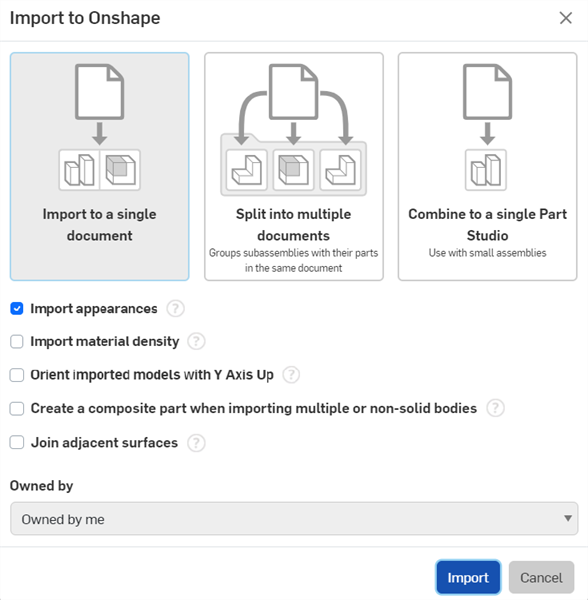 Finestra di dialogo Importa in Onshape con Importa apparenze abilitata