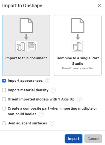 Opzioni di importazione nella finestra di dialogo Importa in Onshape