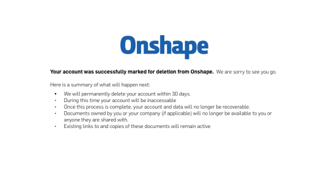 Esempio di riepilogo degli eventi dopo l'eliminazione dell'account Onshape