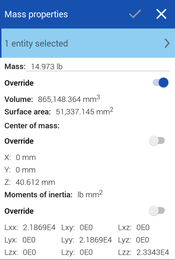 Esempio di strumento Proprietà massa in uso in un assieme