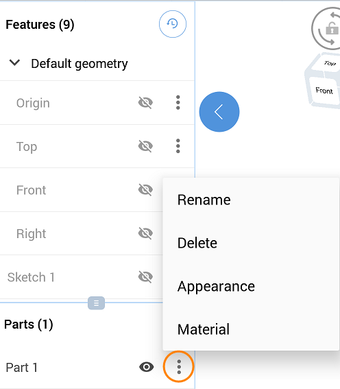 Accesso al menu overflow per assegnare un materiale a una parte