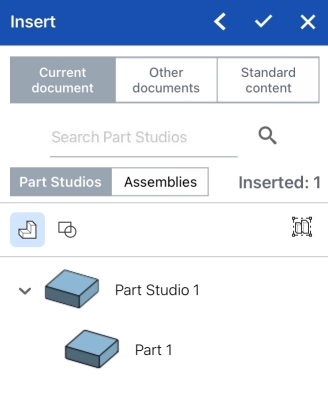 Schermata della finestra di dialogo Inserisci in un Part Studio su un dispositivo iOS