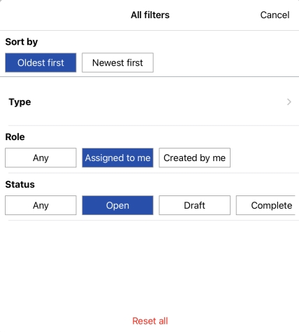 Screenshot of the Action items page Filters on an iOS device