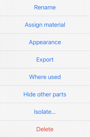 Schermata del menu contestuale di una parte all'interno di un Part studio