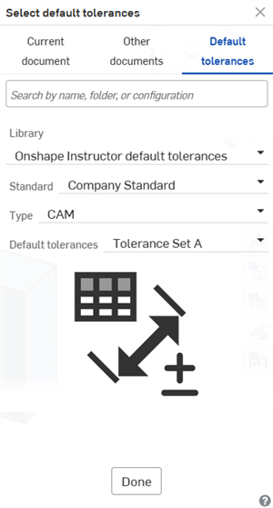 Selecting default tolerances from the library