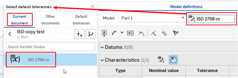 Selecting the default tolerances from the Current document list