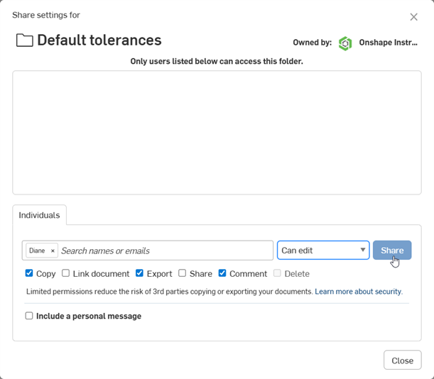 Share settings dialog