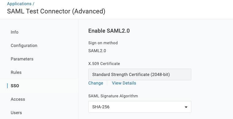 Esempio di finestra di dialogo per la configurazione del connettore di prova SAML