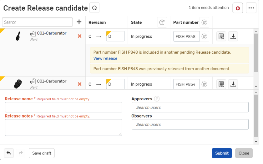 Schermata della finestra di dialogo Create Release candidate con una versione in sospeso