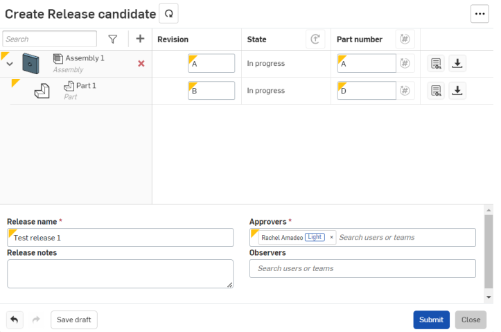 Schermata della finestra di dialogo Create Release candidate