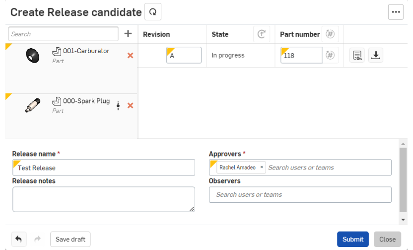 Schermata della finestra di dialogo Create Release candidate