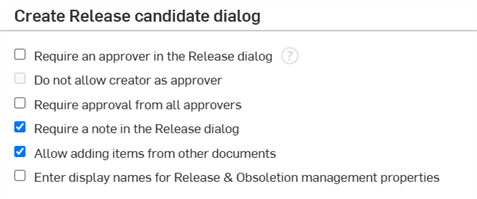 Gestione delle versioni Crea finestra di dialogo Release candidate