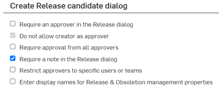 Gestione delle versioni Crea finestra di dialogo Release candidate