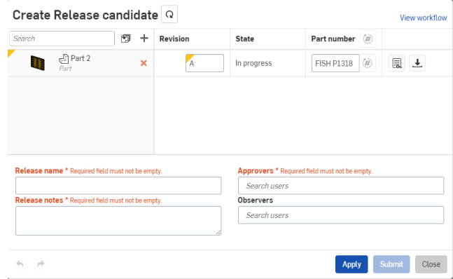Finestra di dialogo Crea versione di pre-rilascio con i campi obbligatori Nome versione, Note di rilascio e Approvatori