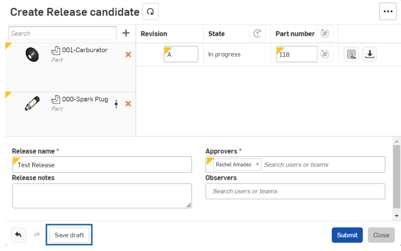 Schermata della finestra di dialogo Create Release candidate con il pulsante Salva bozza delineato in blu