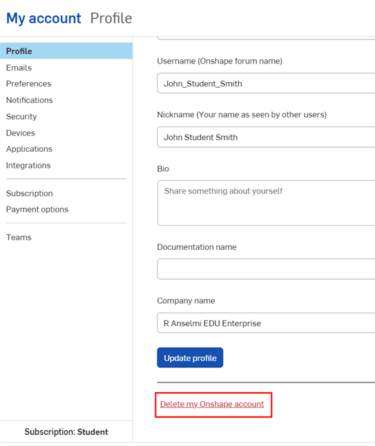 Finestra di dialogo Il mio account &gt; Profilo con il collegamento Elimina il mio account Onshape in basso