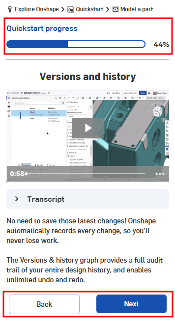 Pannello Esplora Onshape con i pulsanti Successivo e Precedente evidenziati
