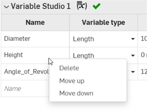 Tabella variabili con menu contestuale