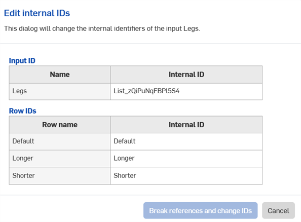 Edit internal IDs dialog